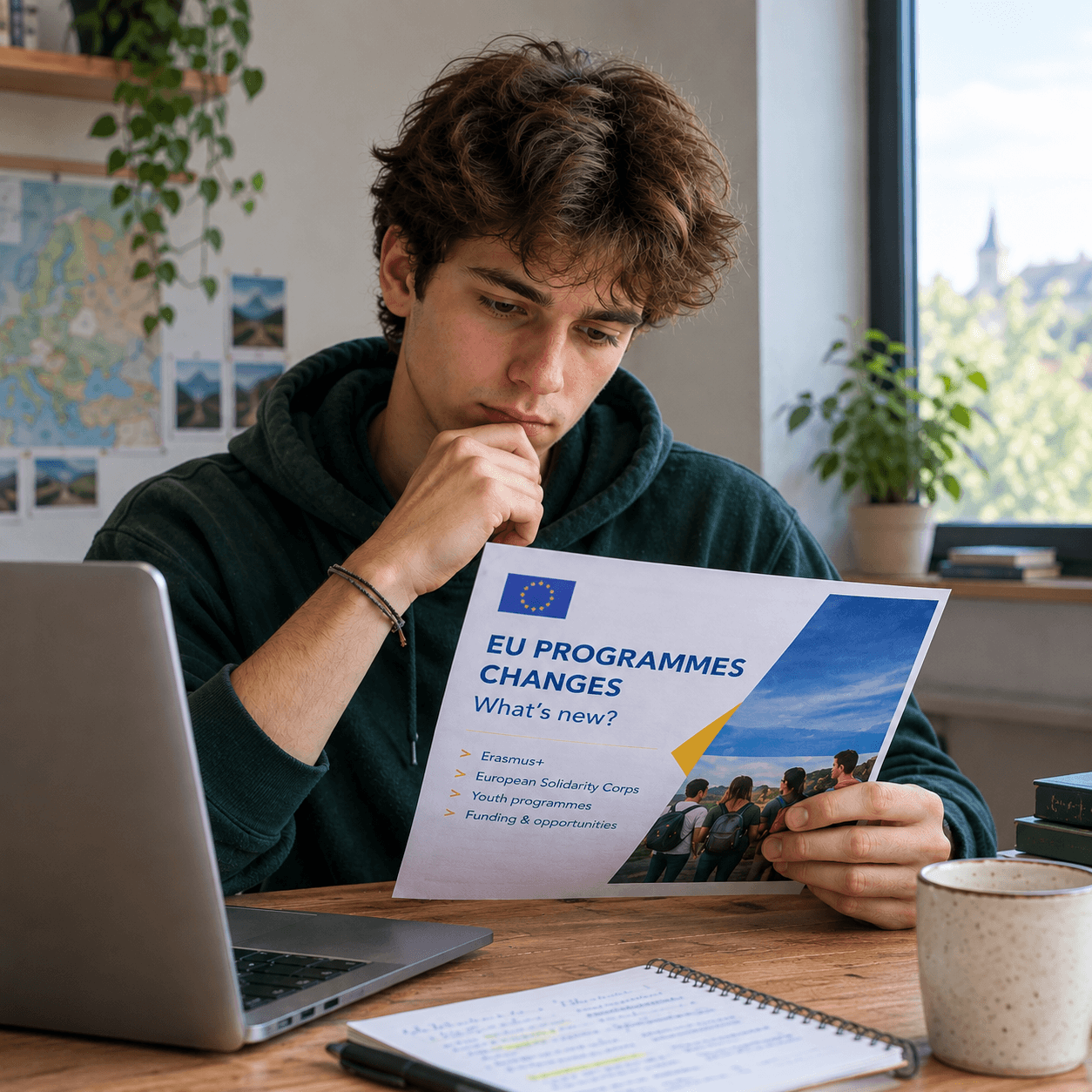 Young volunteer reading about EU programme changes